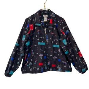 Vintage Koret Sport Novelty Print Windbreaker Jacket Black Zip Front M